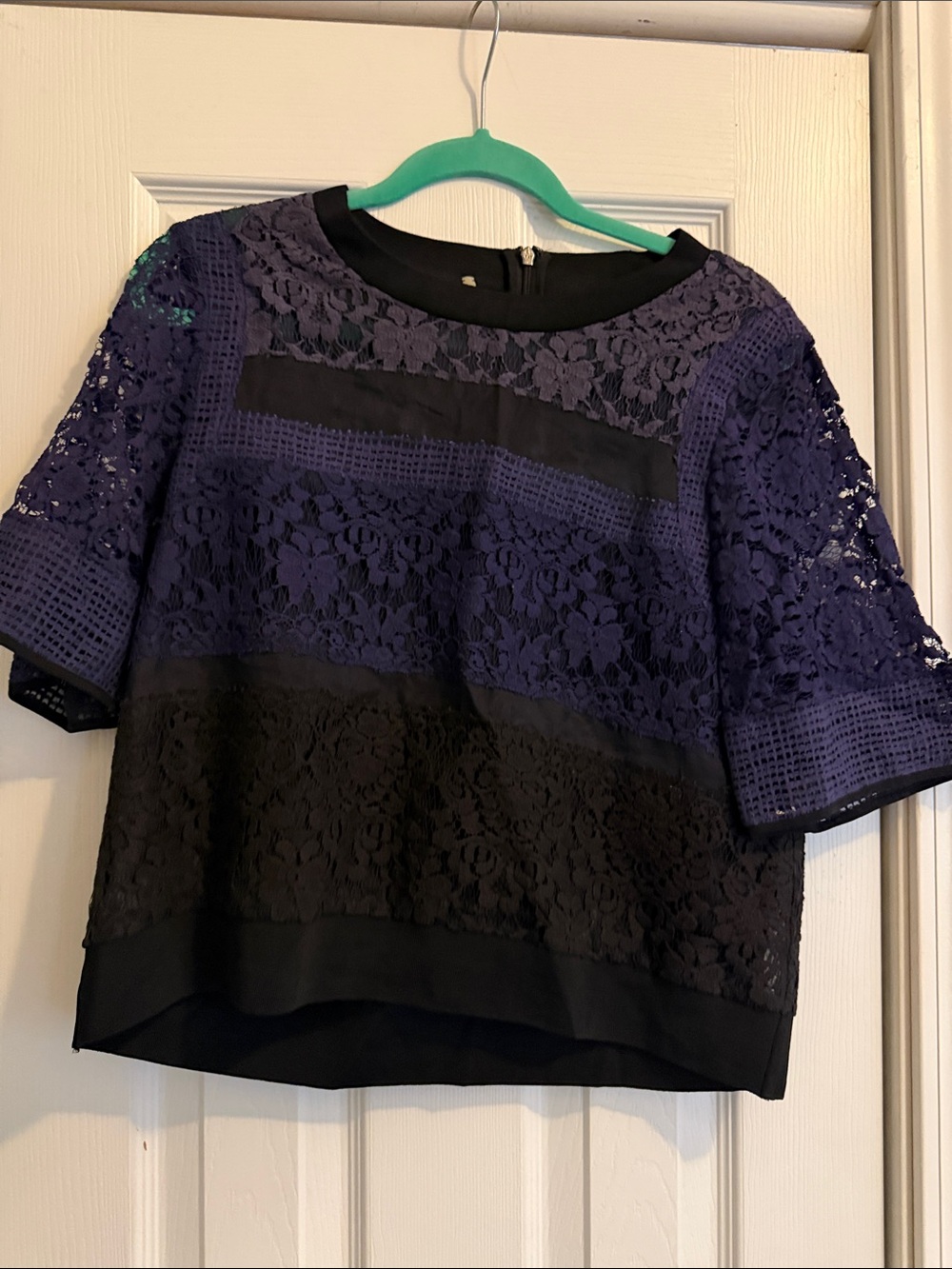 Rebecca Taylor Shear Womens Navy and Black Lace Short Sleeve Top 10